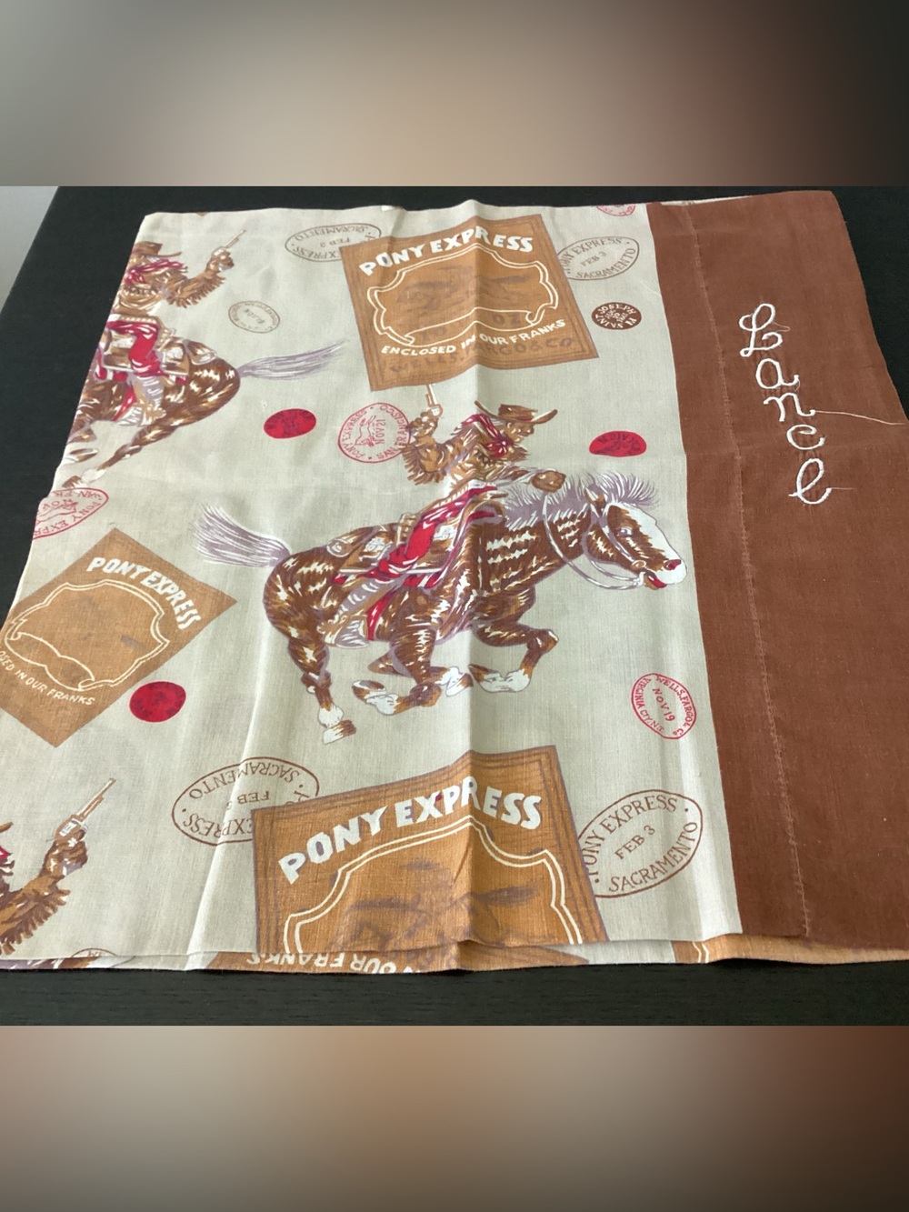 Vtg. 1960 Textile, Western Rodeo, historic Pony express pillowcase.